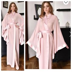 The Dusty Pink Long Sheer Kimono Robe Provides An Elegant Interpretation Of The Traditional Kimono, Refined For Modern Tastes. Its Long Classic Lines Are Crafted From Translucent Chiffon In A Dusky Soft Pink, Trimmed At The Cuffs And Hems With Matching Bands Of Soft Liquid Satin. A Slim Sash In Matching Liquid Satin Completes The Timeless Silhouette. Effortless And Sleek, The Dusky Pink Delivers A Sophisticated Charm. Ankle Length, Wrap-Over Style, With Two Sets Of Inside Ties. One Tie Is Includ Pink Fitted Robe For Wedding Night, Feminine Kimono For Wedding Night, Fitted Robe For Home, Fitted Pink Kimono, Floral Gown Dress, Pretty Robes, Chic Dressing, Lace Bridal Robe, Silky Robe