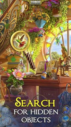 the cover for search for hidden objects, with an image of a desk and flowers