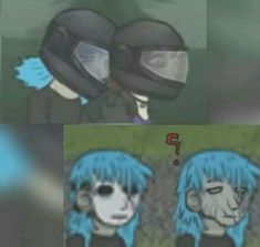 two pictures of the same person with blue hair and one wearing a black motorcycle helmet