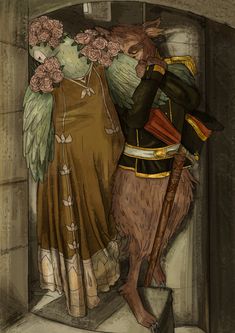 an illustration of two people dressed in costumes and one is holding a flower bouquet while the other looks on