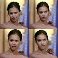 four different pictures of a young woman with multiple expressions on her face and in front of the camera