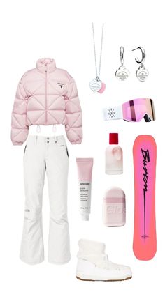 the contents of a snowboarder's outfit are shown in pink and white