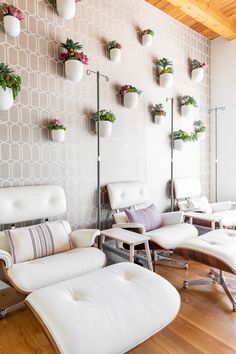 an empty waiting room with white chairs and potted plants on the wall