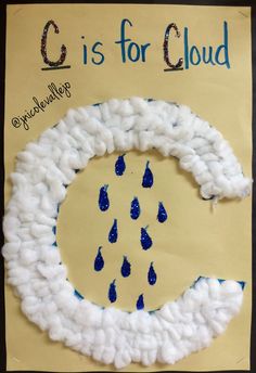 a paper plate with blue and white crochet rain drops on it, in the shape of a c is for cloud