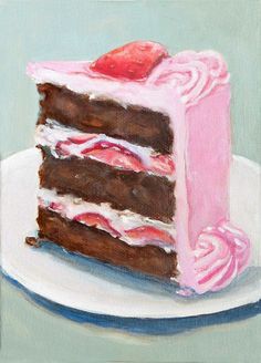 a painting of a piece of cake on a plate with a pink frosting heart