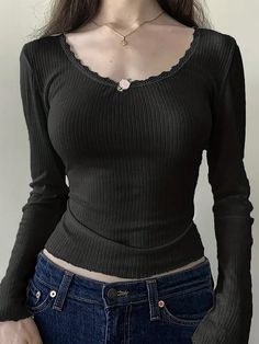 Negro Casual Collar manga corta Poliéster Color combinado,Liso  Embellished Estiramiento medio Verano Long Sleeve Fitted Top, Outfit Essentials, Custom Made Clothing, Long Sleeve Tops Casual, Fabric Collars, Clothing Essentials, Clothing Size Chart, Womens Clothing Sizes, Long Sleeve Lace