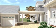 this is an artist's rendering of a two story house with porches and garages