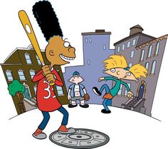 a cartoon character holding a baseball bat on top of a manhole cover in the street