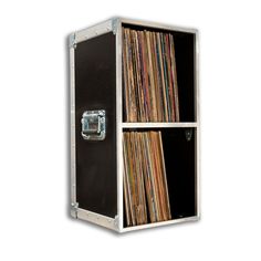 an old record player's storage unit with records in it