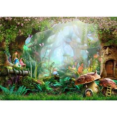 an image of a forest scene with mushrooms and fairy people in the woods, on a backdrop