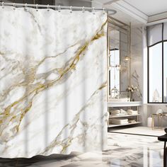 a marble shower curtain in a bathroom with white walls and flooring, along with a black chair