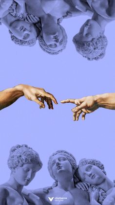 hands reaching out to touch each other in front of blue and white background with statues