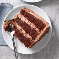 a piece of chocolate cake on a plate with a fork