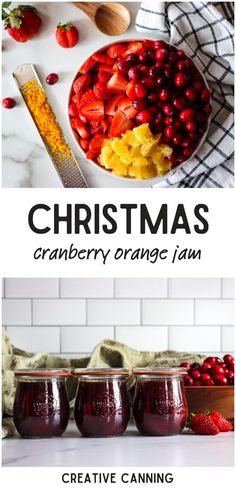 christmas cranberry orange jam recipe in jars with strawberries and cherries on the side