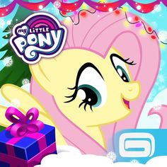 a pink pony is holding a present in front of a blue background with snowflakes