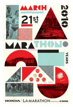 an advertisement for the marathon, with images of people and numbers in red blue and white