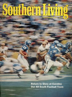 the front cover of southern living magazine with football players running on field and crowd in background