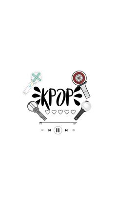 the words kpop are surrounded by kitchen utensils and other items on a white background