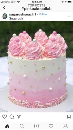 a cake with pink frosting and sprinkles on top is shown in an instagram