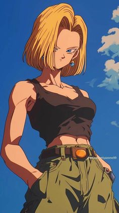 an anime character with blonde hair and green pants standing in front of a blue sky