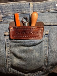 Rustic leather jeans pocket protector for Tools Personalized Perfect for tools, etc finish will vary Leather Tool Pouches Diy, Leather Pocket Protector, Functional Leather Pouch For On-the-go, Leather Multi Tool Sheath, Electrician Tool Pouch, Pocket Protector, Edc Carry, Jeans Pocket, Carpenter Tools