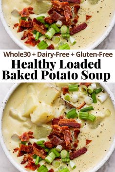 two bowls filled with loaded baked potato soup