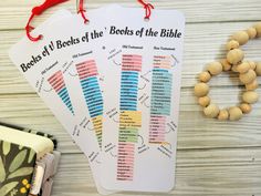 three books of the bible are next to a beaded bracelet and two wooden beads