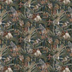 an animal themed wallpaper with zebras, leopards and other animals in the jungle