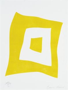 an abstract painting with yellow and white squares in the shape of a rectangle on a white background