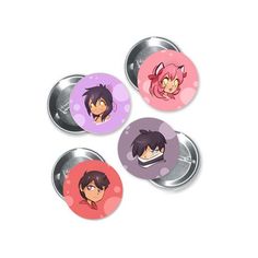 three buttons with anime characters on them, one is pink and the other is purple