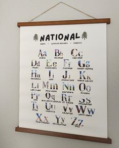 a poster hanging on the wall with letters and numbers