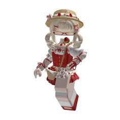 an animated doll is dressed in red and white