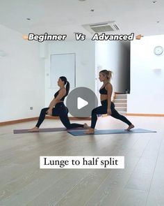 two women are doing yoga in the middle of a room with wood floors and white walls