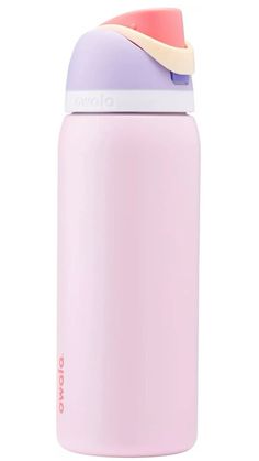 thermos insulated water bottle in pink and purple with an orange cap is shown