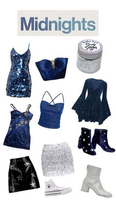 there are many different types of clothes and shoes in this picture, including one blue dress