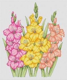 a cross stitch pattern with flowers in different colors