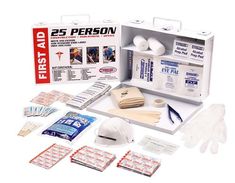 This comprehensive first aid kit was designed to meet the needs of 25 people. It is packaged in a white metal case. It is perfect for indoor or outdoor storage. The durable case will protect its contents under demanding conditions. This kit contains the following: **kit does not come with masks due to COVID supply limitations** (30) Adhesive bandages (1” x 3”) (30) Adhesive bandages (3” x ¾”) (20) Adhesive bandages (1 ¾” x 3/8”) (3) Knuckle bandages (3) Fingertip bandages (3) Butterfly closures Emergency First Aid Kit, Emergency First Aid, Survival Supplies, First Aid Supplies, Bug Out Bag, Cold Pack, Aid Kit, Survival Prepping, Emergency Kit