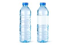 two plastic water bottles with blue caps on each one and the other half empty, side by side