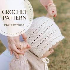 a woman holding the hand of a baby wearing a crochet hat with text overlay that reads, crochet pattern