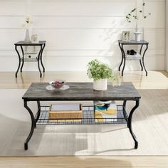 two tables sitting next to each other on top of a hard wood floored floor