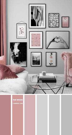 a living room with pink and grey walls, pictures on the wall, and a coffee table