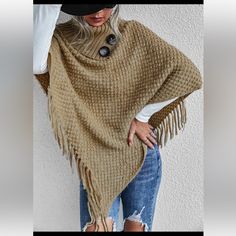 Boho Knit Fringed Poncho Acrylic Poncho Shawl For Fall, One Size Acrylic Poncho For Fall, Acrylic Shawl Poncho For Fall, Beige Knit Poncho, One-size Beige Knit Poncho, Beige Knit Poncho One Size, Winter Knitted Cape Poncho, Knitted Winter Cape Poncho, Winter Knit Cape Poncho