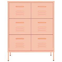 a pink cabinet with four drawers and two legs on each side, in front of a white background