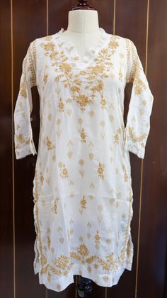 Pure cotton Mulmul Tunic with a ruffle neckline and sleeves embroidered in chikankari. The thread used for embroidery is 100% colorfast with guarantee. Side slits for comfort. Full sleeves.  Length - 36-37 inches Size -  S - fits bust 34 M - fits bust 36 L - fits bust 38 XL - fits bust 40 0X - fits bust 42 1X - fits bust 44 2X - fits bust 46 Machine wash Cold. Line dry. Light iron for best results Prewashed. Preshrunk. Full Sleeves, Full Sleeve, Pure Cotton, Womens Clothing Tops, Blouses For Women, Labour Day, Art Collection, Bathing Beauties, Tops & Tees