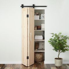 a tall wooden cabinet sitting next to a potted plant on top of a hard wood floor