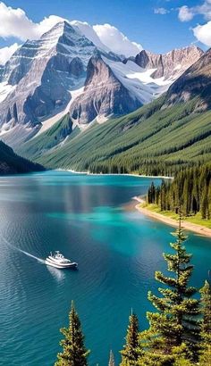 a boat is in the water near some mountains and snow capped peaks, with pine trees on either side