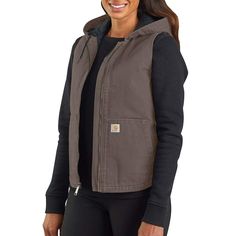 PRICES MAY VARY. 12-Ounce, 100% ring-spun cotton duck Nylon lining quilted to 80g 3M Thinsulate insulation Rib-knit collar Lower-front pockets with brushed tricot lining and reinforced bottoms Pen stall on wearer's right lower-front pocket special size type: standard Womens Hooded Vest, Carhartt Vest, Duck Fabric, Carhartt Womens, Carhartt Women, Hooded Vest, Outerwear Vest, Quilted Vest, Vest Outfits