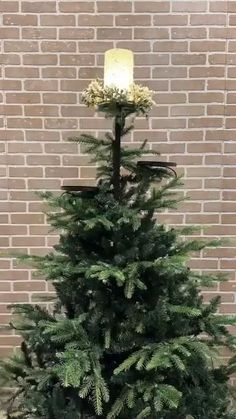 a small christmas tree in front of a brick wall with a lit candle on top