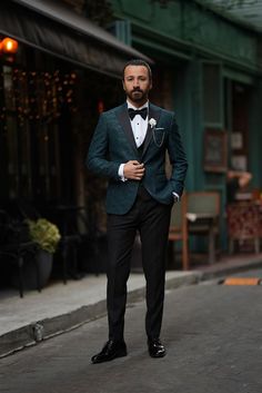 Italian Style Tuxedo Jacket Vest Pants Bow Tie - Green Dubai Reels, Groom Costume, Slim Fit Groom Suit, Wedding Suit Men, Italian Style Suit, Stylish Waistcoats, Suit Groom