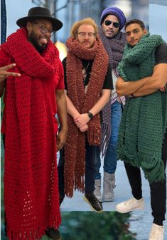 These scarves were popularized by music legend Lenny Kravitz (no association, and I photoshopped Lenny Kravitz into this photo with models Andrew Baron-Grooms, John Merrill, and Chris Garcia). They are blanket style scarves. They use over 900 yards of yarn and take 16 hours to make. They are crocheted by hand. By moi (Alicia). Modeling the cream scarf is Mahnaz Damania. These are statement pieces. Wearing it out is making a statement. What you say is up to you. Shipping to the continental U.S. i Lenny Kravitz Scarf, Style Scarves, Electric Blue Scarf, Cream Scarf, One Size Purple Crochet Scarf, Scarf Blanket, One Size Purple Bohemian Scarf, Lenny Kravitz, Purple Bohemian Scarf, One Size